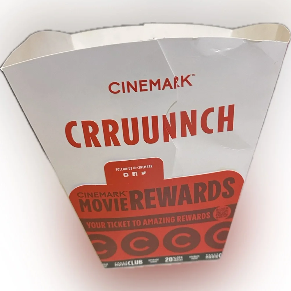 CINEMARK SQUARE POPCORN BUCKET RED WHITE REFILL TAB MOVIE THEATER COLLECTIBLE